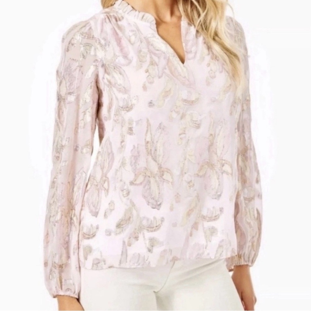 Lilly Pulitzer Giana Silk Top Blouse V-Neck Long-Sleeves Women’s Medium - Easter